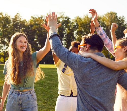 A group of California sober friends spend time together in a park.