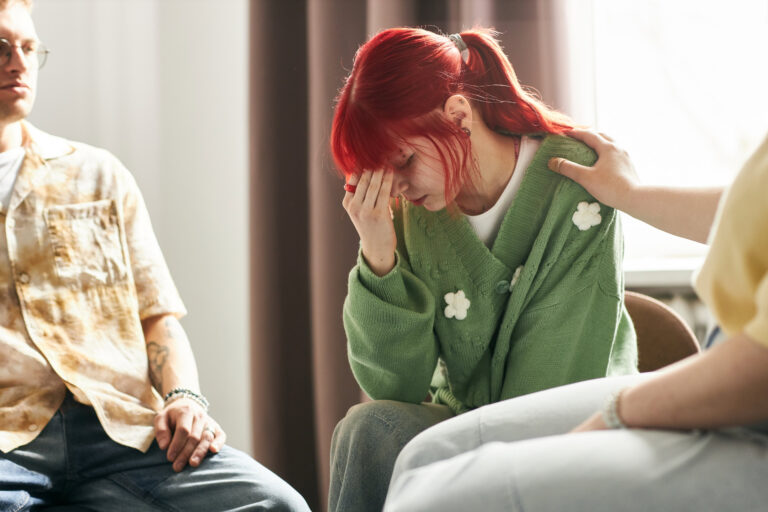 Woman in a group about trauma informed cognitive behavioral therapy for adults.